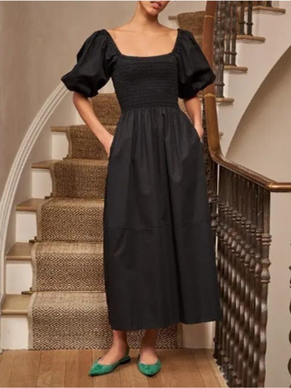La Ligne Daisy Poplin Cotton Smocked Midi Dress Size XS Black Neutral Minimalist